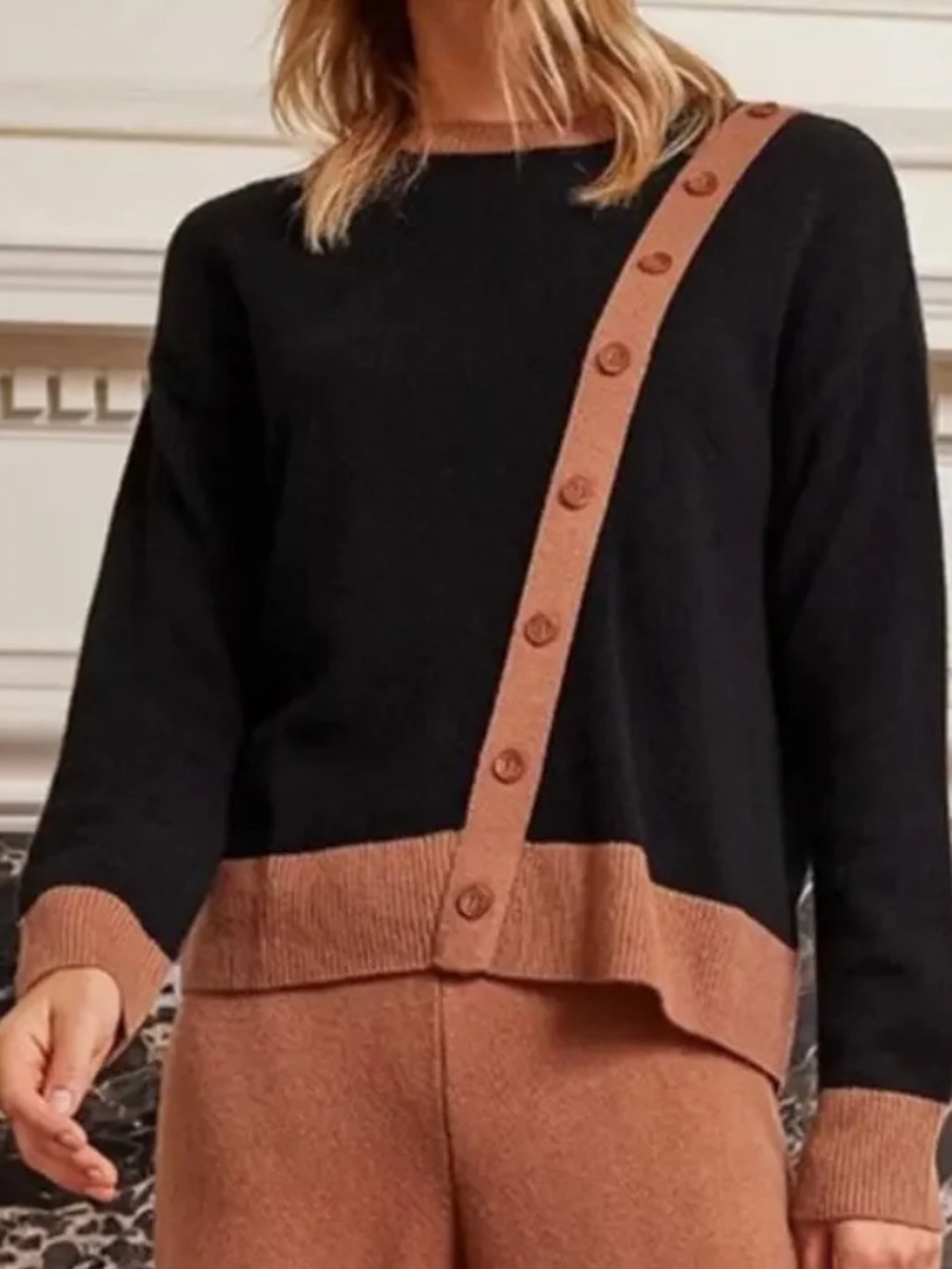 Summersalt The Luxe Cashmere Blend Button Crewneck Sweater Black Brown Small